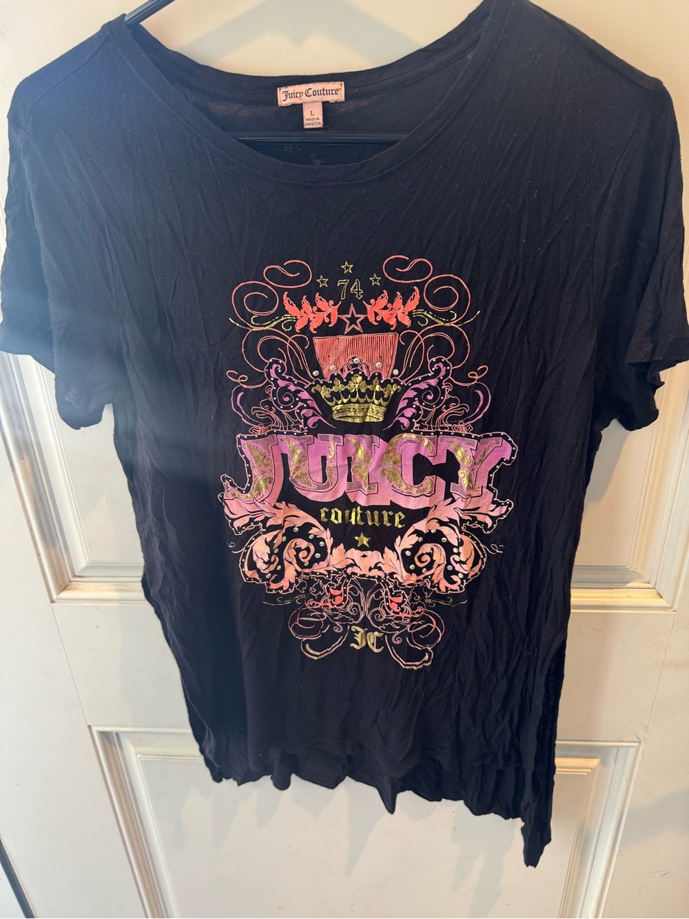Juicy Couture Black Tee with Pink and Yellow Crest Graphic